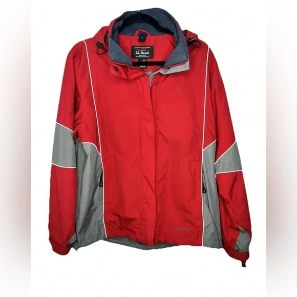 90’s Style L.L. Bean Women's Jacket Rain Coat Hood‎ Red Gray Sz Medium - Picture 1 of 11
